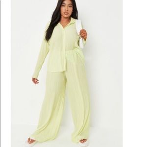 Misguided lime co ord plisse wide leg pants set